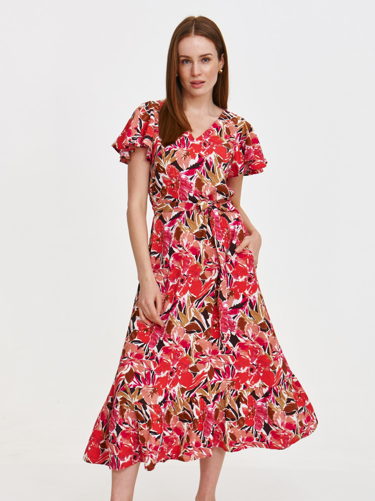 Sukienka z wiskozy w printem w czerwone kwiaty 