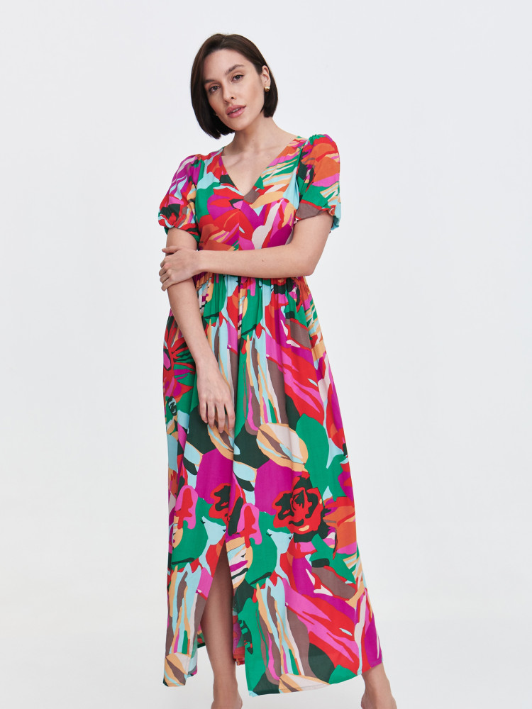 Multikolorowa sukienka z dekoltem w V