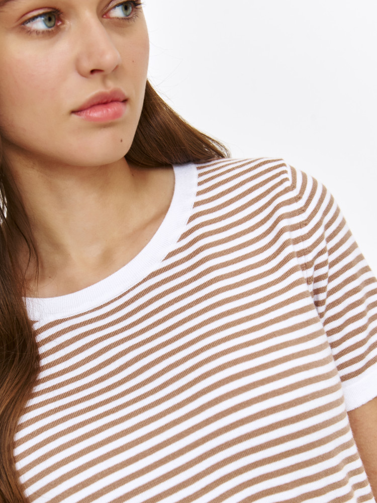 Dopasowany sweter w brązowe paski z krótkim rękawem  Dopasowany sweter w brązowe paski z krótkim rękawem
