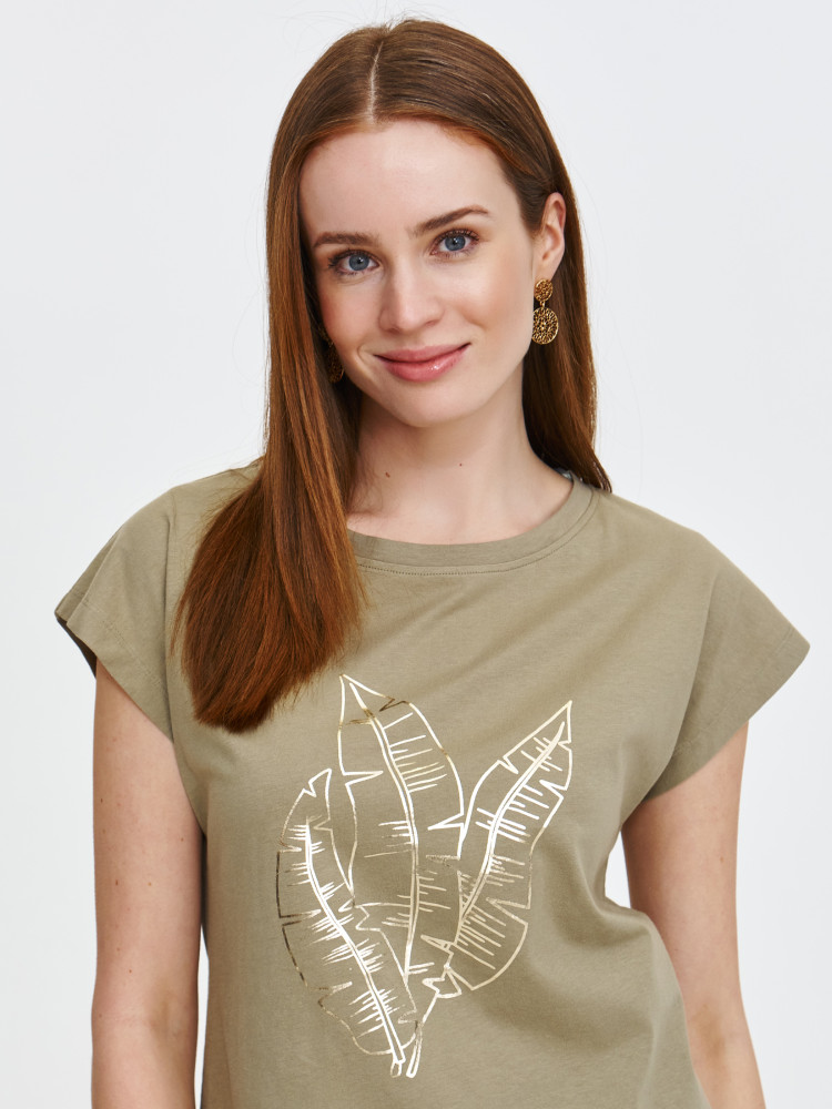 Zielony t-shirt z połyskującym nadrukiem  Zielony t-shirt z połyskującym nadrukiem