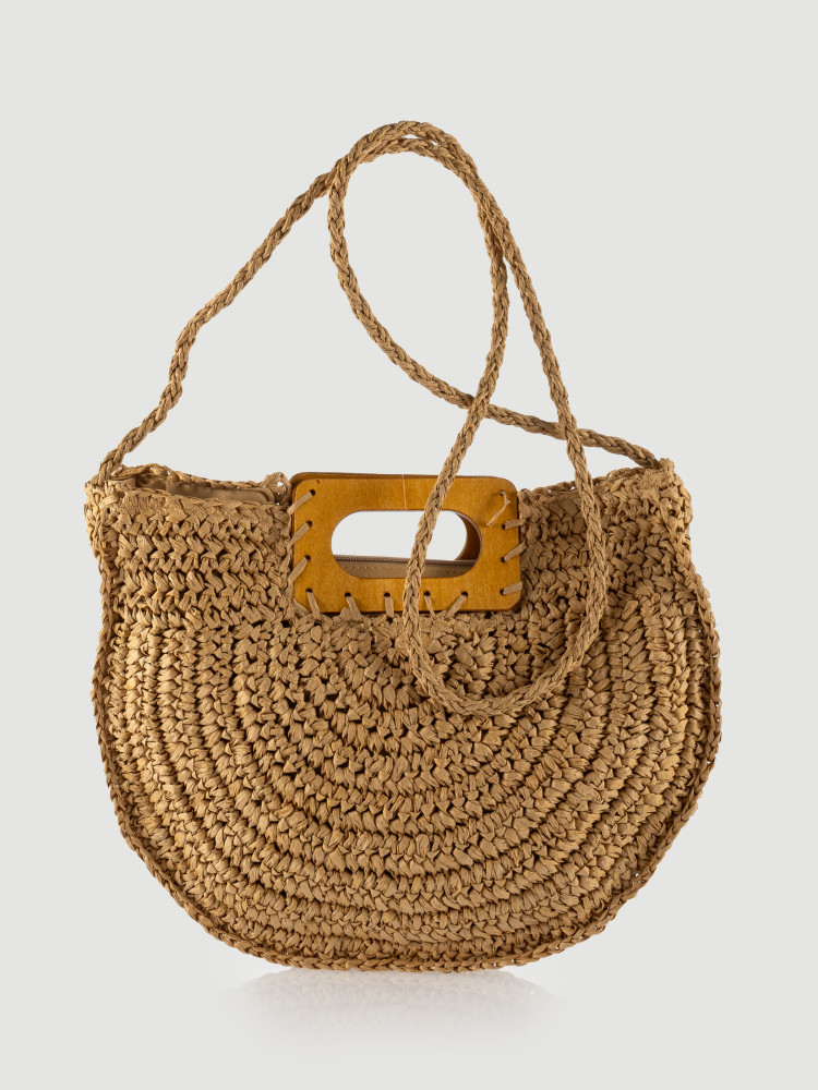 Pleciona beżowa torebka z drewnianym uchwytem  Pleciona beżowa torebka z drewnianym uchwytem