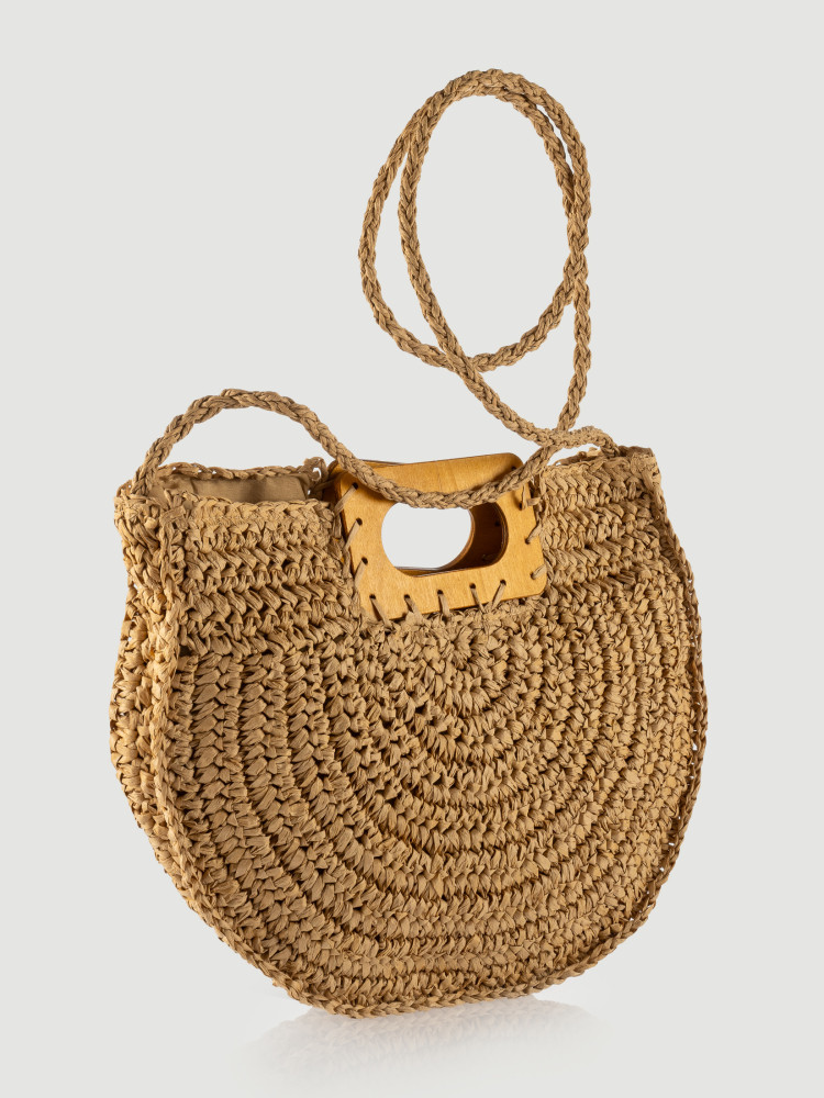 Pleciona beżowa torebka z drewnianym uchwytem  Pleciona beżowa torebka z drewnianym uchwytem