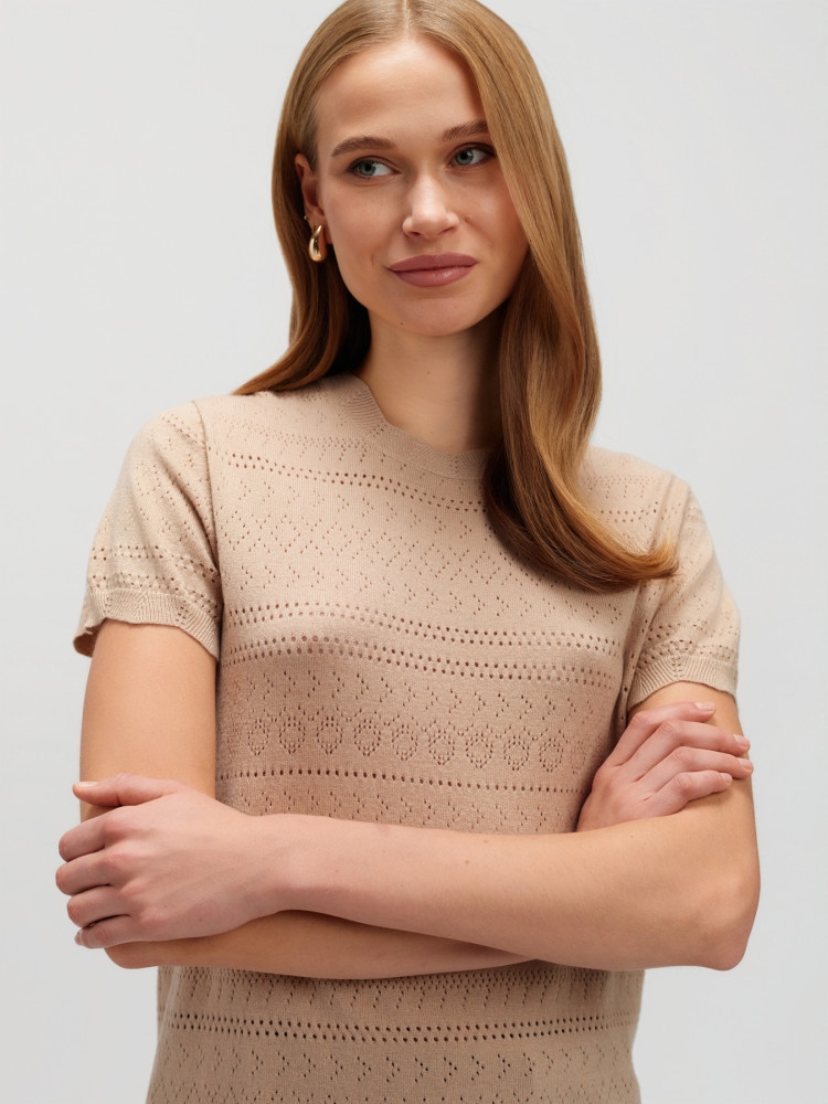 Sweter z ażurowym haftem beż