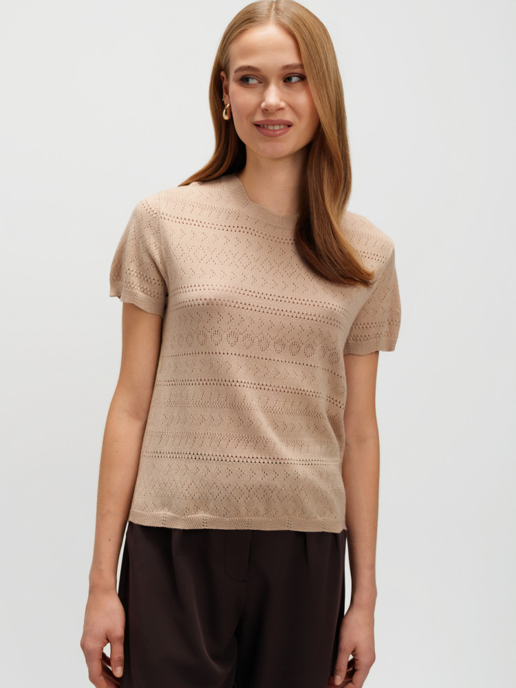 Sweter z ażurowym haftem beż