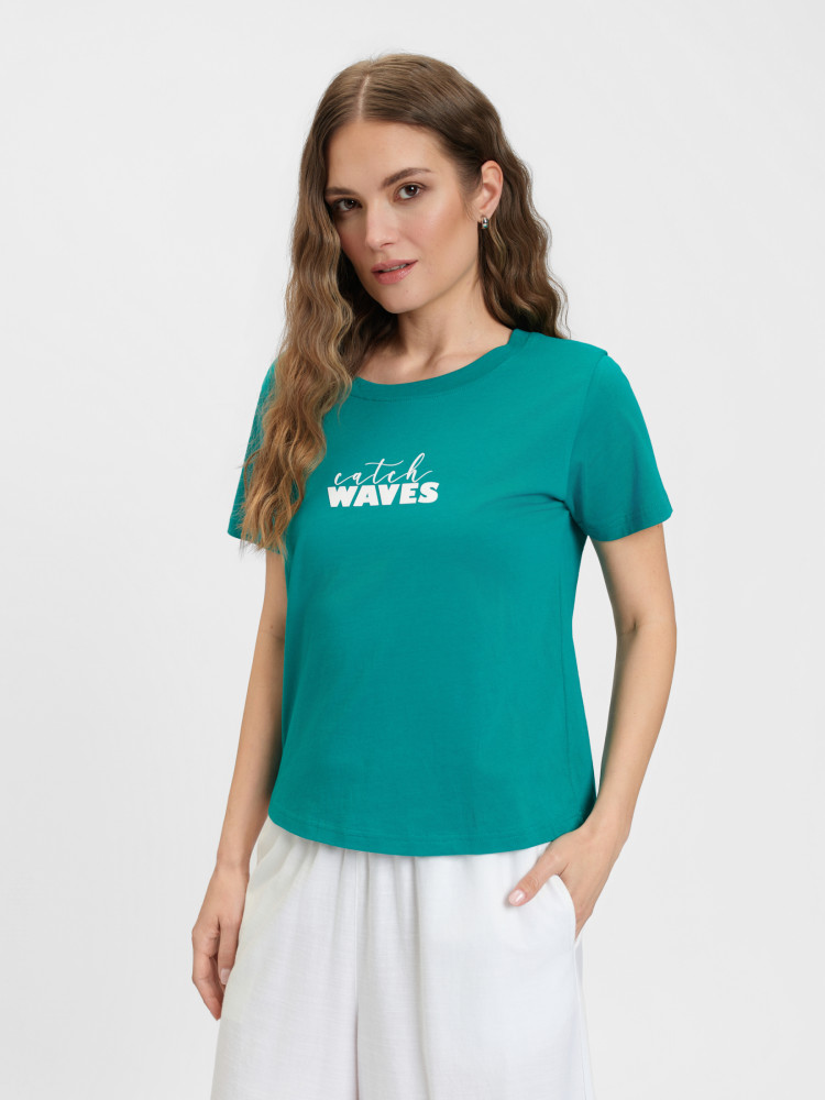 Bawełniany turkusowy t-shirt z napisem 