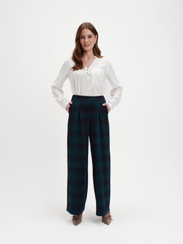 Spodnie w kratę z zakładkami 