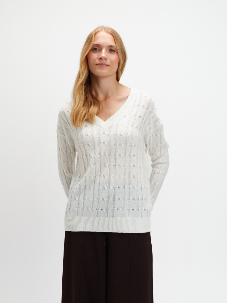 Biały sweter z dekoltem v 