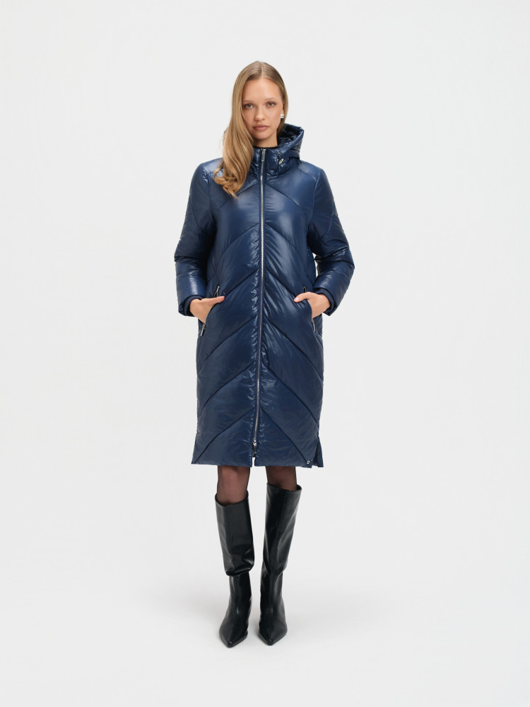 Długa granatowa kurtka z kapturem 