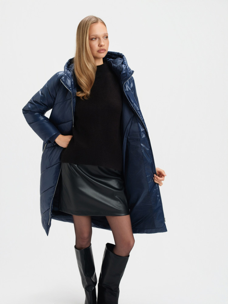 Długa granatowa kurtka z kapturem 