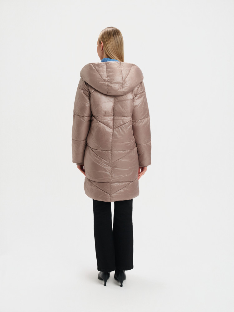 Długa ciemnobeżowa kurtka z kapturem 