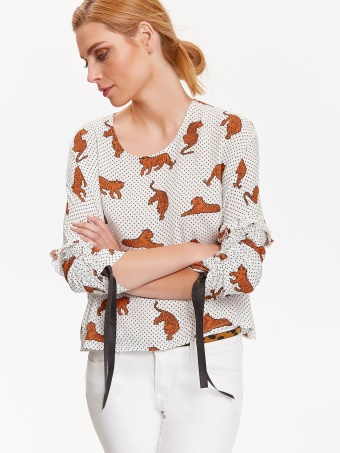 Bluzka damska w kropki oraz tygrysy, z ozdobnym wiązaniem przy rękawach