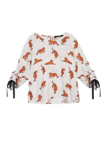 Bluzka damska w kropki oraz tygrysy, z ozdobnym wiązaniem przy rękawach