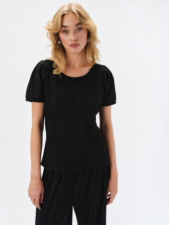 Top w prążek z bufiastym rękawem 