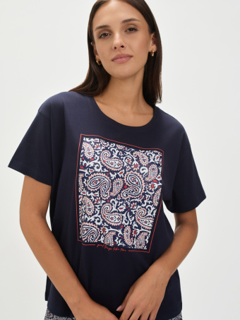 Granatowy t-shirt z etnicznym wzorem 