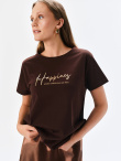 T-shirt w kolorze ciemnobrązowym z połyskującym napisem 
