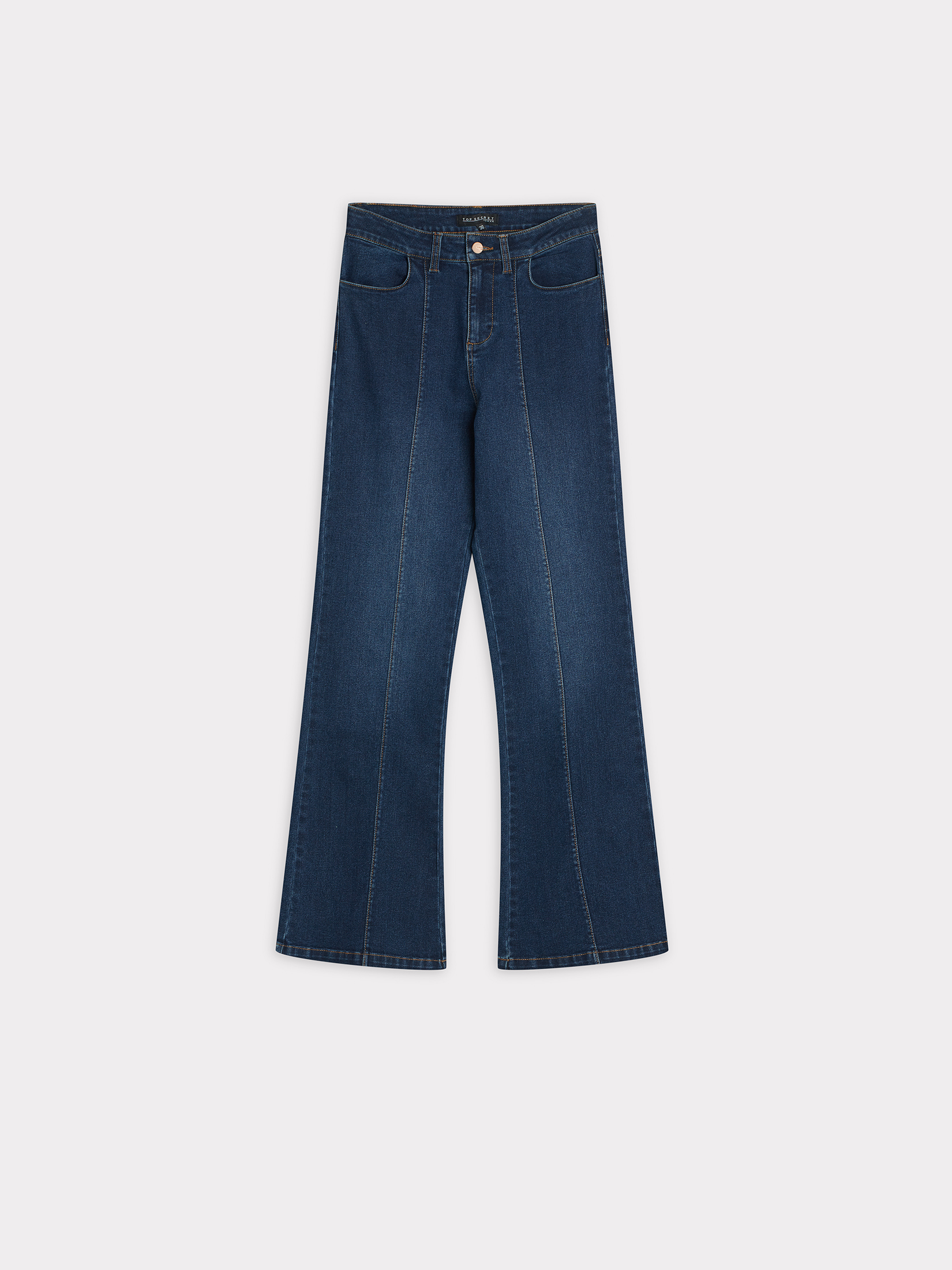 Granatowe jeansy flare z przeszyciami 