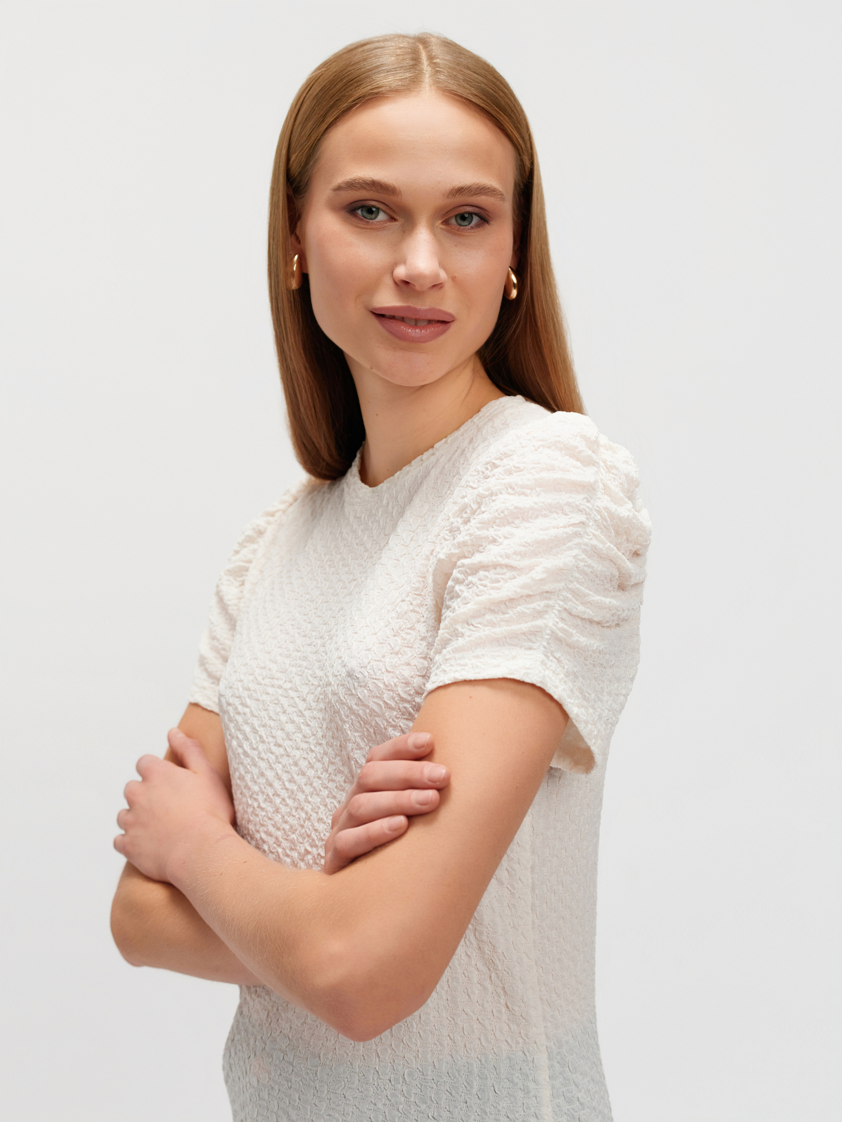 Top z fakturą z marszczonym rękawem 