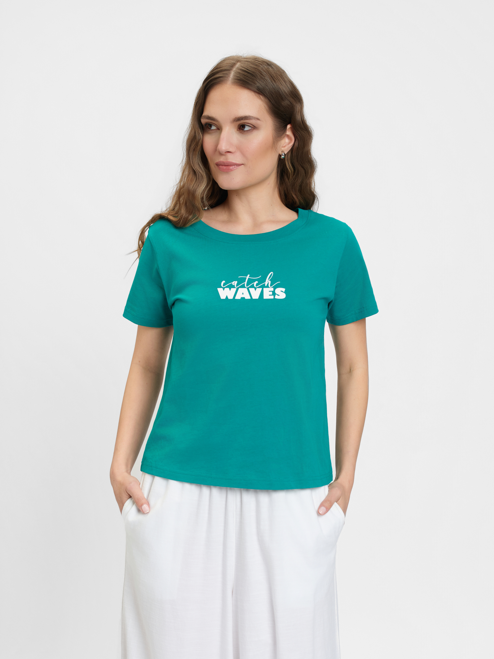 Bawełniany turkusowy t-shirt z napisem 