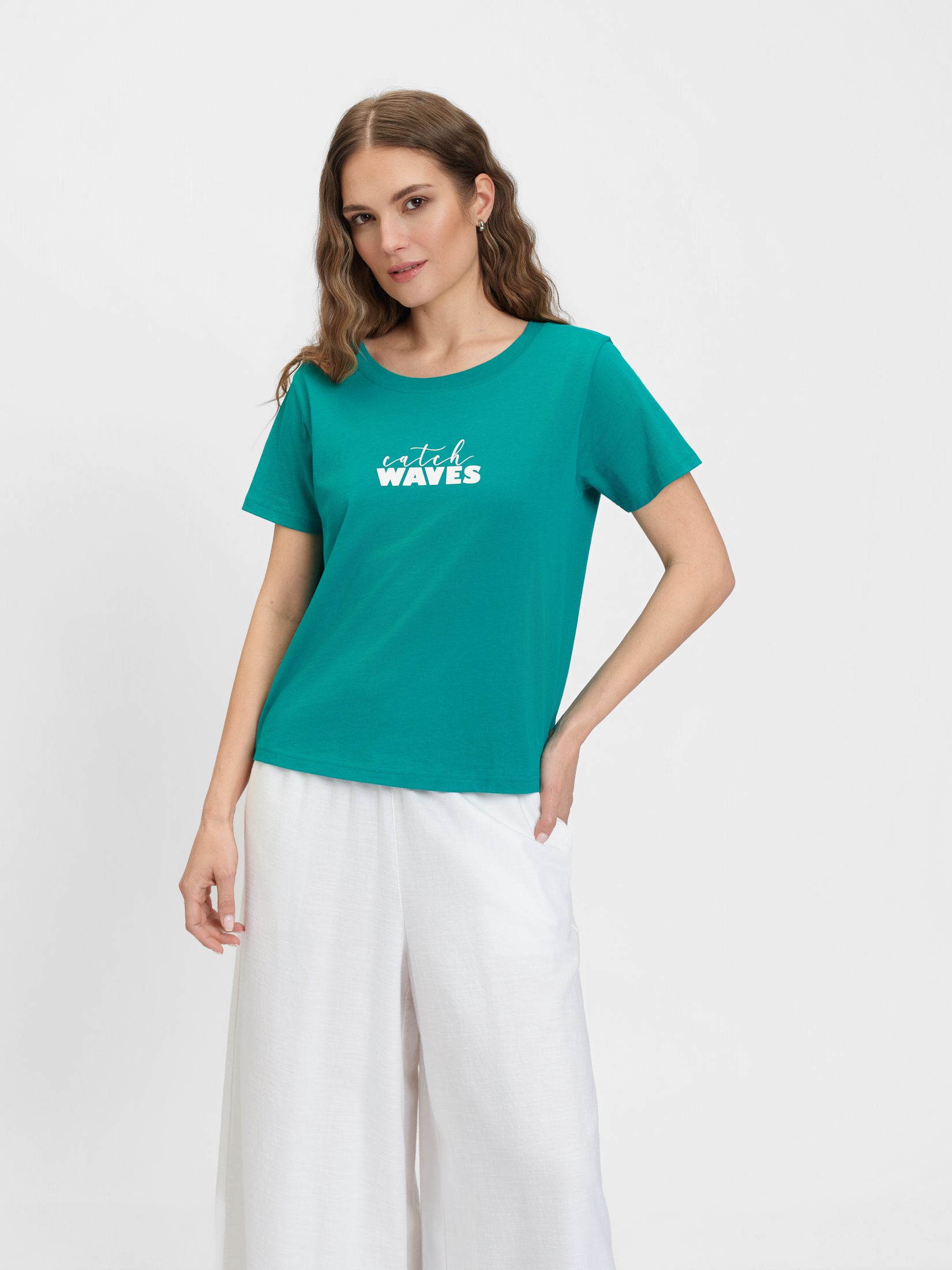 Bawełniany turkusowy t-shirt z napisem 