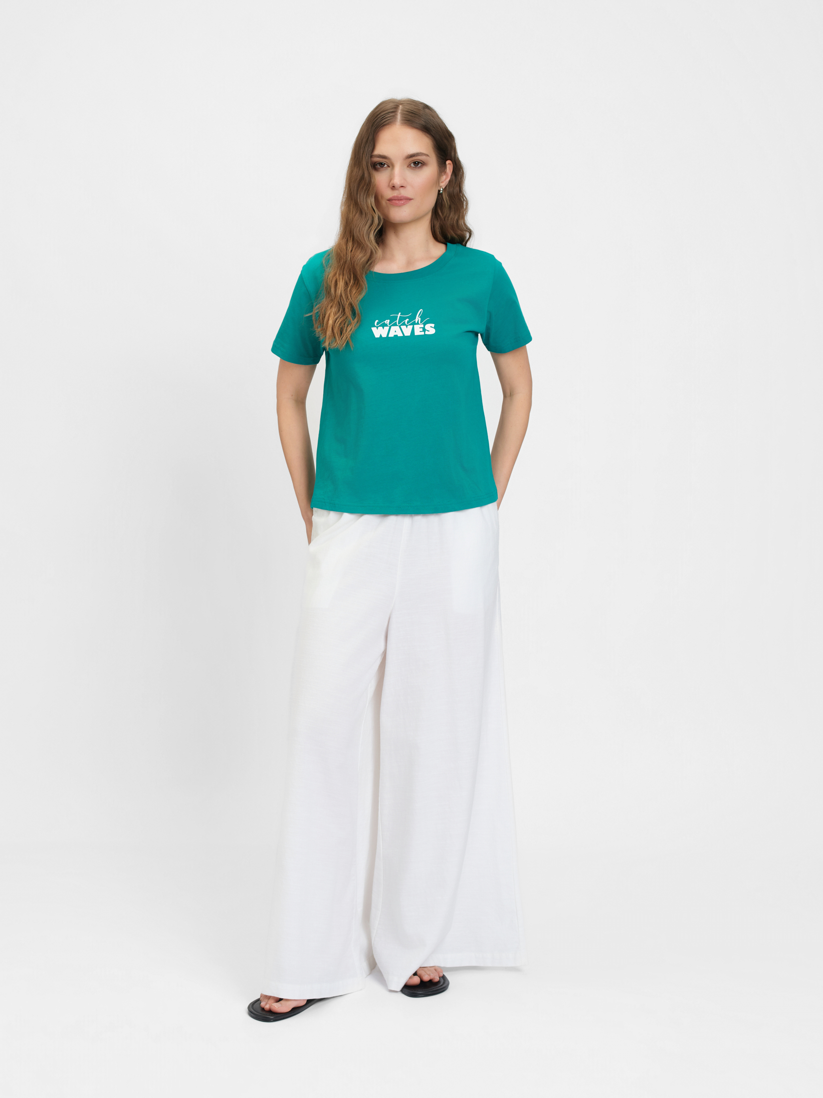 Bawełniany turkusowy t-shirt z napisem 